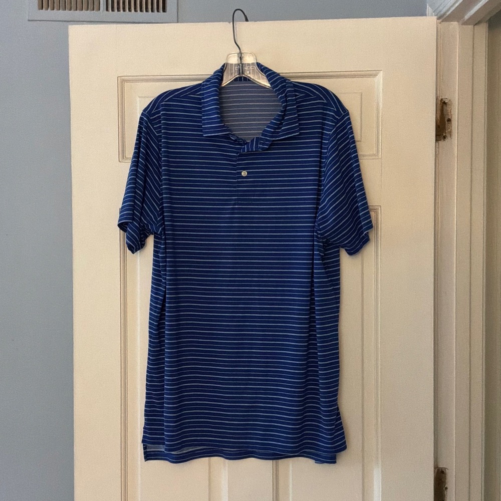 B. Draddy Sport Mens Blue White Striped Polo Shirt M Golf Activewear Preppy